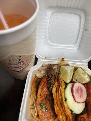 Birria tacos, cantaloupe angus Fresca