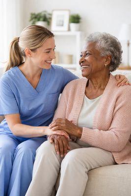 A warm, compassionate moment between a professional caregiver and their patient, showing genuine connection and trust.