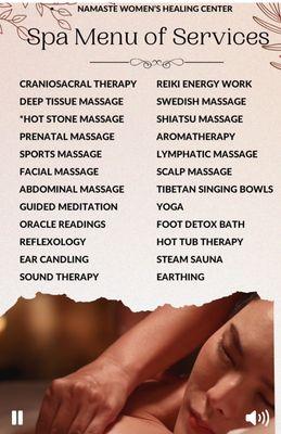 Spa menu services