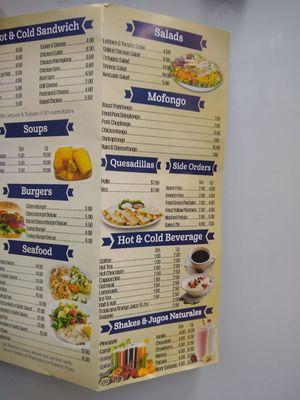 Salads-mofongo-quesadilla-side orders-hot and cold beverages-shakes and jugos naturales.