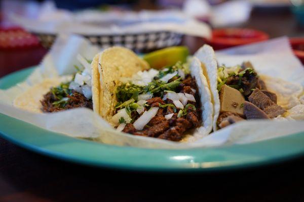Street Tacos (from L-R: Barbacoa, Carnitas, and Lengua)