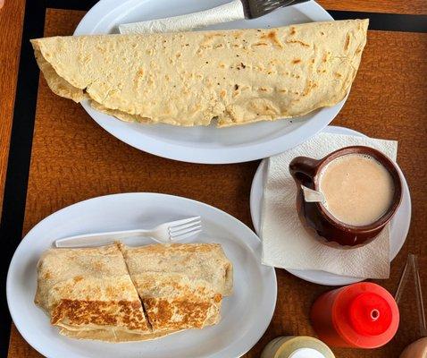 cornsadilla with asada, champurrado, asada burrito