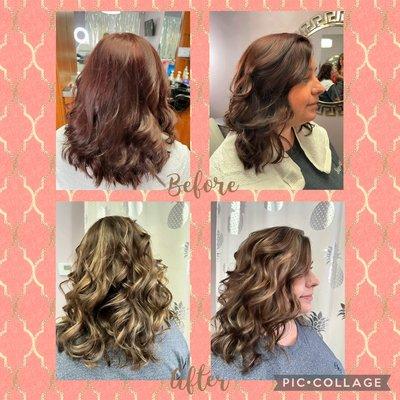 Fun makeover from auburn to chunky blonde peekaboos.
