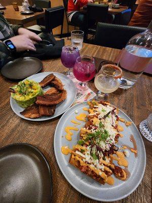 Shrimp flautas, guacamole with thick fried pork stips