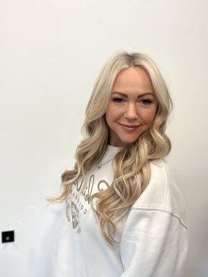 2 row maintenance and color refresh, next visit shes going longer and blonder, these extensions have lasted her a year. And still so pretty