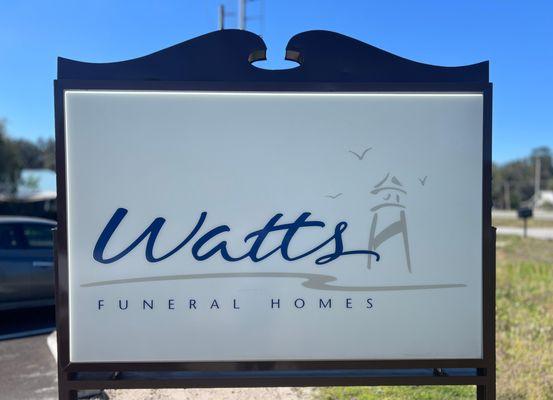 Experience the welcoming, compassionate atmosphere at Watts Funeral Homes. Our distinctive outdoor sign, featuring elegant sc...