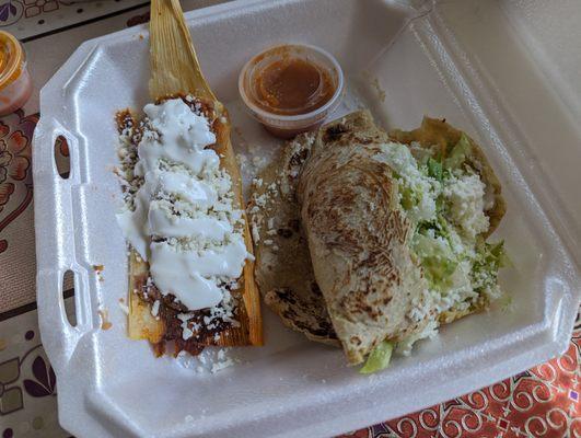 Tamale on the left, gordita on the right. Both delicious and so savory!