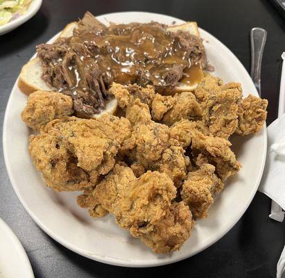 Open Face Roast Beef. With Breaded Mushrooms