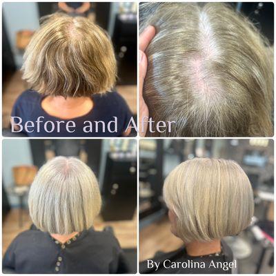 Color transformation by Carolina. This client wanted to stop coloring her hair and rock her natural white hair