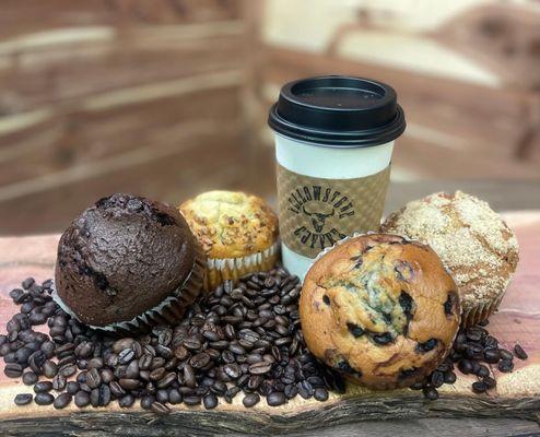 Assorted muffins and fresh roasted espresso
