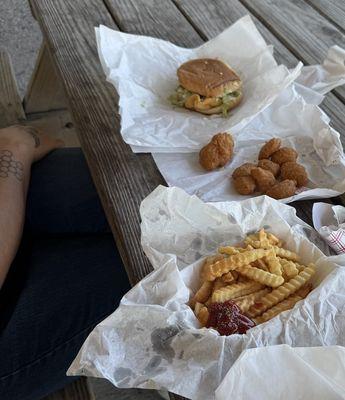 Red Fish Sandwich, corn nuggets, seasoned fries