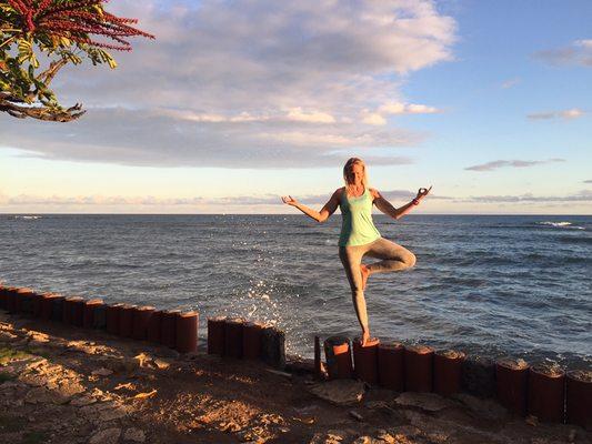 Tree pose with real trees and crashing waves!