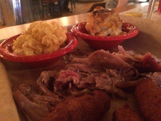 Pig Plate with hushpuppies, corn casserole and Mac & Cheese