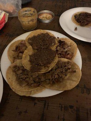 2 lengua (a little dry), 2 cabeza(tasty), 2 tripa tacos(tasty). Looks flattened since it was wrapped in foil (to go plate).