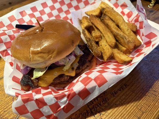Bacon Cheeseburger and Spicy Fries