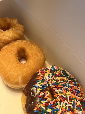 French glazed, regular glazed, and chocolate sprinkle yeast donuts!