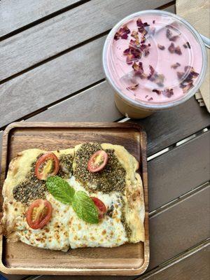 manaeesh with cheese and damask rose latte