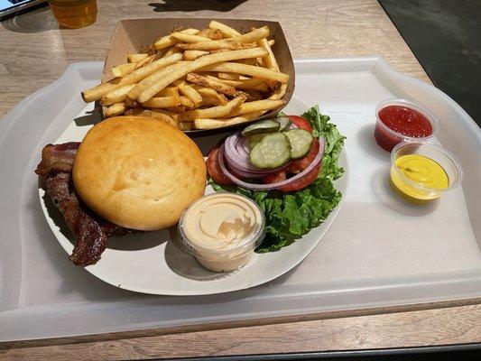 Double Hamburger with bacon and Fries