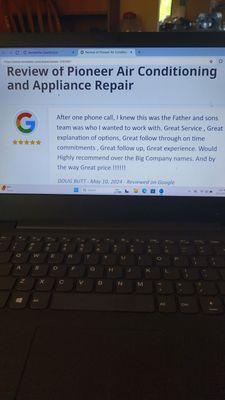 A very positive Review received By Doug Butts after a job was performed by Pioneer Air Conditioning and appliance service
