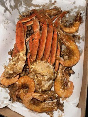 crab legs, shrimp with head , octopus