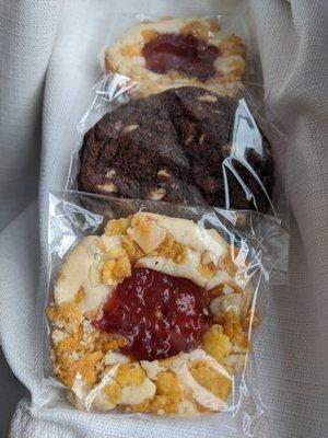 What's left of my cookie haul: strawberry cornflake thumbprints, double chocolate chip cookie.
