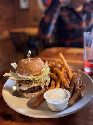 Elk burger and Cajun fries