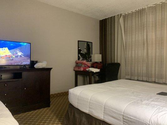 Old furniture,dirty carpet, smashed thin mattress and curtains falling down.