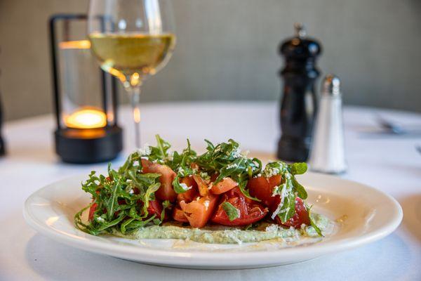Heirloom Tomatoes, Basil Whipped Burrata, Baby Arugula, Aged White Balsamic
