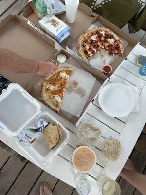 Club sandwich, 14" Buffalo Chicken Pizza, 14" Pepperoni Pizza