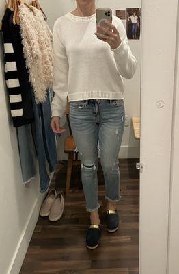 Cute denim, cotton sweater, mules