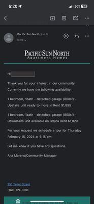 Email sent to me after scheduling a tour.