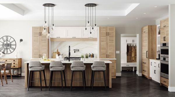Modern luxury kitchen by Compassion Construction: white oak cabinets, quartz slab backsplash, oversized island & pendant lights - Southlake