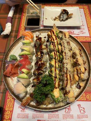 Rainbow roll, black dragon, tempura dragon, monster roll