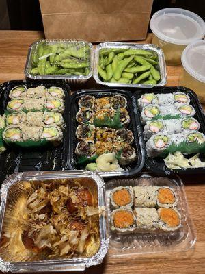 California Roll - Salmon Skin Roll - Spicy Tuna Roll - Edamame - Takoyaki - Wonton Soup
