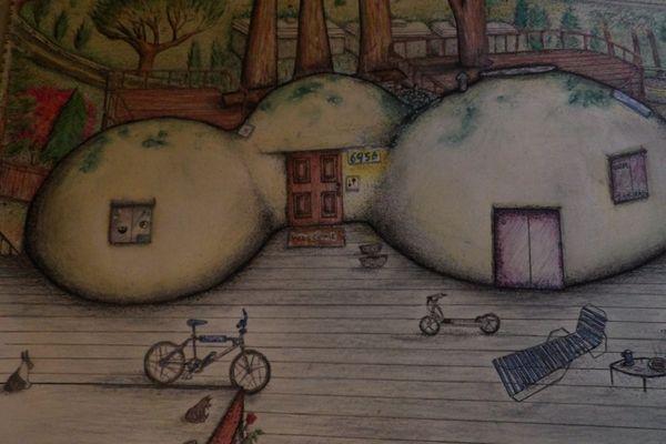 Caldecott Apartments in background before 91 blaze pic drawn by Geno T his old house 6956 Charing Cross rd. Berkeley Ca