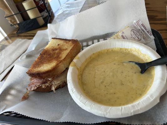 Club sandwich and cheesy broccoli soup