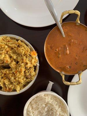 Left - goat briyani $14, right - chicken tikka masala $15