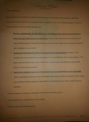 A list of rules that were on the door today.