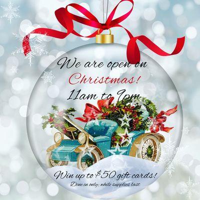 We will be open on Christmas! Keeping the yearly tradition alive, dine in orders (per party) will receive a gift card with values up to $50!