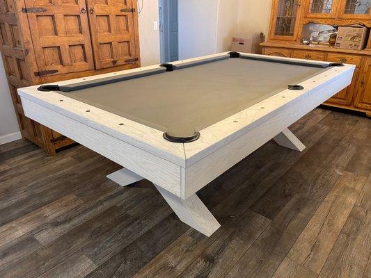 Beautiful rustic slate billiard table with cross legs and a white wash rustic finish