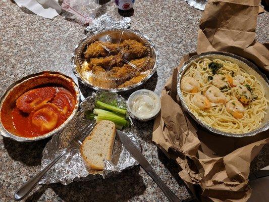 Kids ravioli, shrimp scampi, Buffalo wings. Yes 3 raviolis.