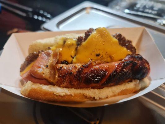 TJ hot dog with burger patty, great for carnivores like me