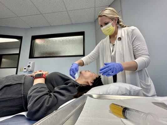 Tammy performs a procedure of microneedling with platelet-rich plasma (PRP), also known as collagen induction therapy, for skin rejuvenation
