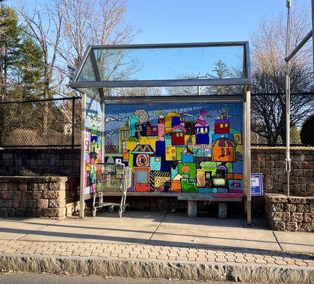 Bus stop in front of church