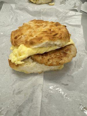 Tenderloin with egg and cheese on a biscuit! Hot and yummy!