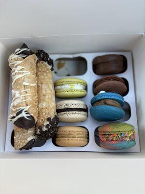 Oreo and classic cannoli, chocolate covered strawberry, Twix, fruity pebble, Cookie Monster, chai, Oreo, apple streusel macaron