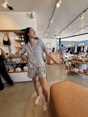 Model Rachel showing a linen summer/fall look.