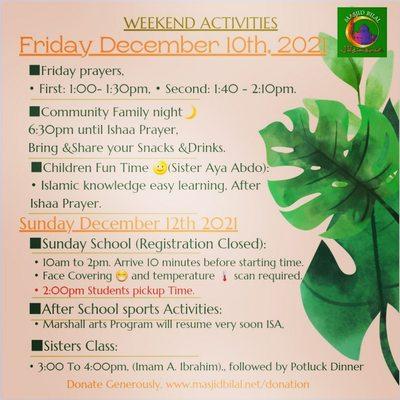 Weekend Activities December 10th to 12th 2021.