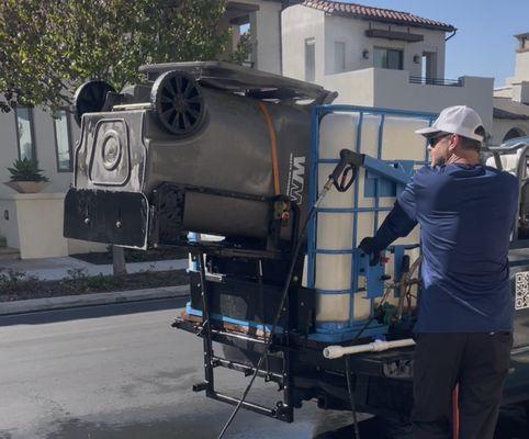 The interior is getting blasted with 200 degree water. The waste water is being collected and stored for proper disposal.