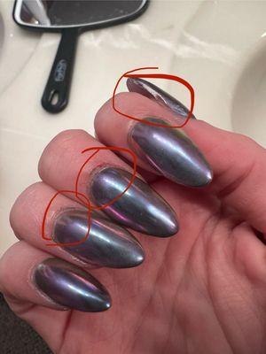 Polish on skin under nails, missed polish on thumb, bloody cuticle where I was cut